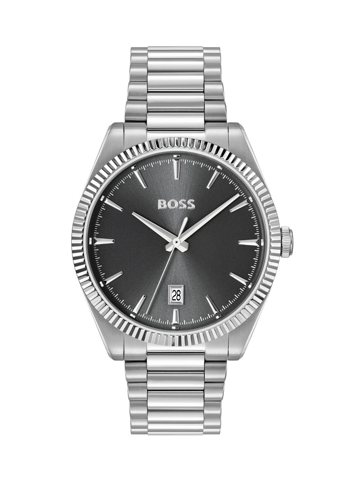 BOSS Cheswick watch with a steel bracelet and grey dial on a white background.