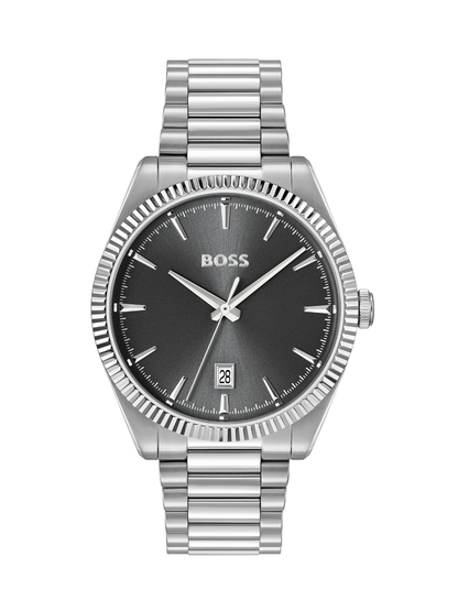 BOSS Cheswick watch with a steel bracelet and grey dial on a white background.