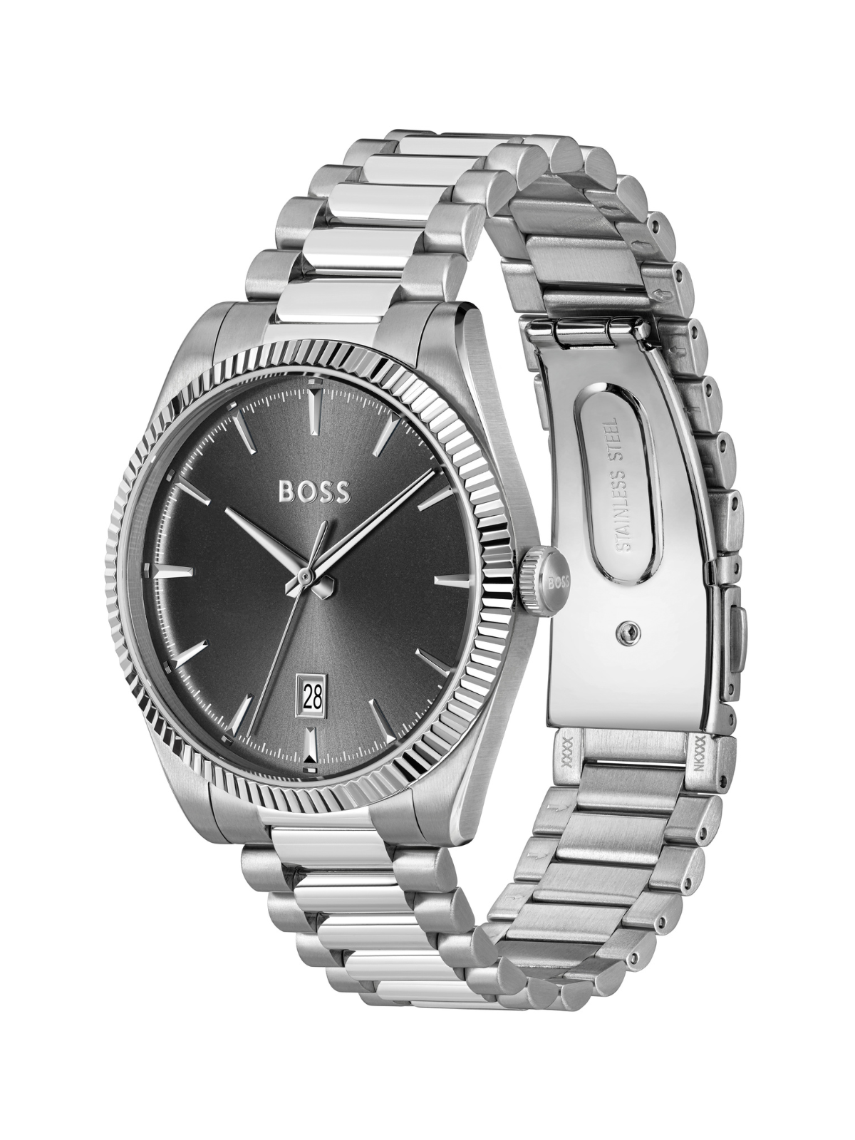 BOSS Cheswick watch with a steel bracelet and grey dial on a white background.