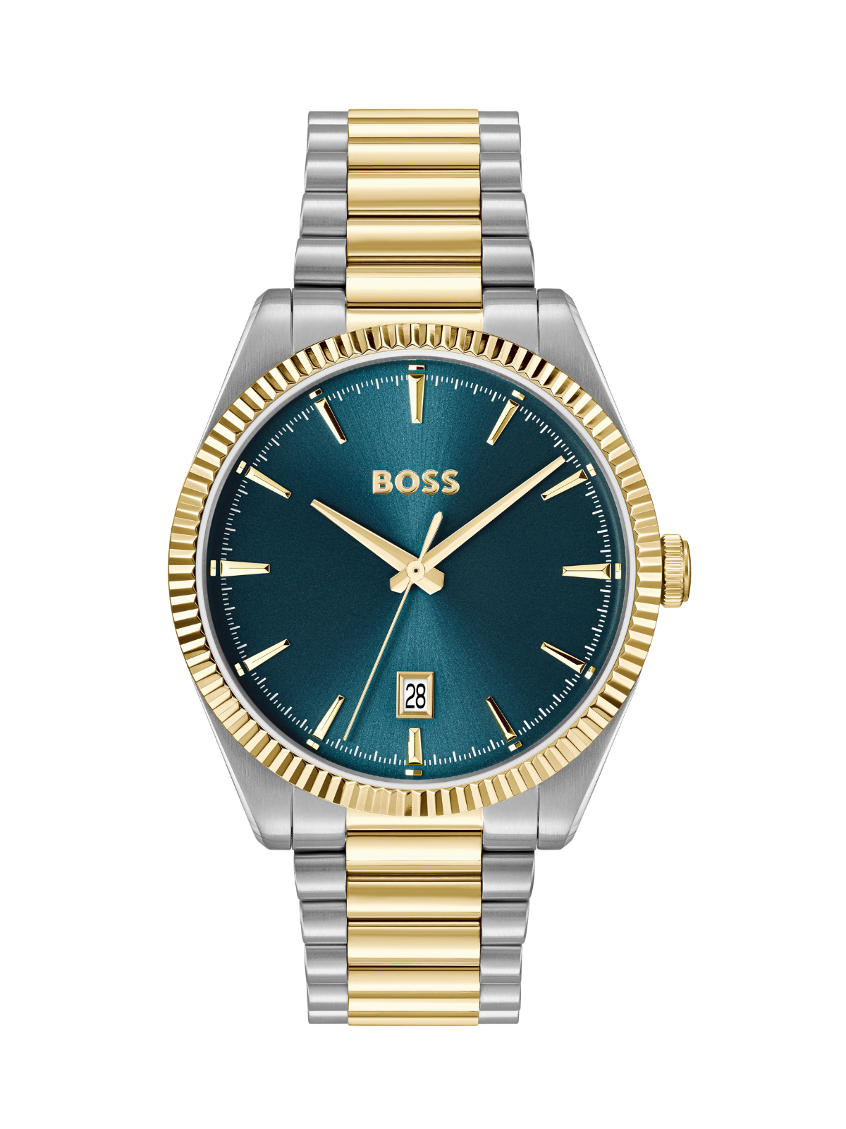 BOSS Cheswick watch with a steel and gold tone bracelet and blue dial on a white background.