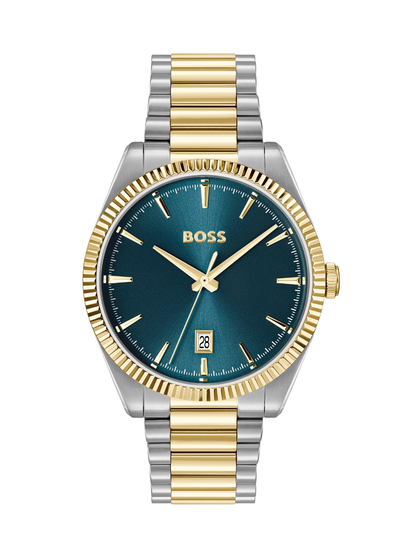 BOSS Cheswick watch with a steel and gold tone bracelet and blue dial on a white background.