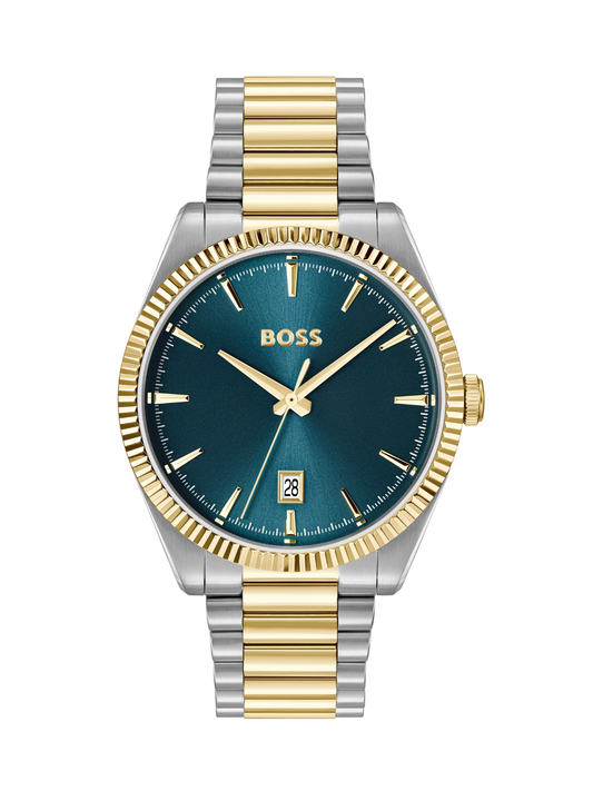 BOSS Cheswick watch with a steel and gold tone bracelet and blue dial on a white background.