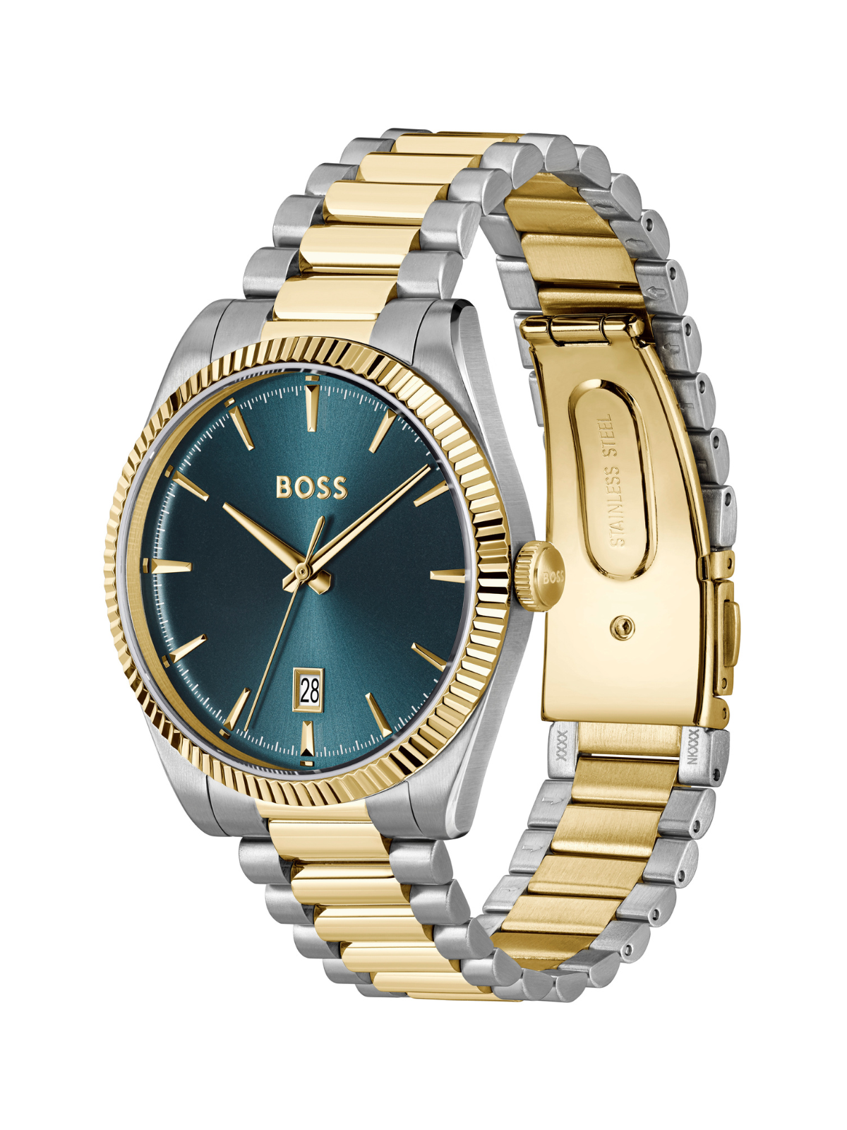 BOSS Cheswick watch with a steel and gold tone bracelet and blue dial on a white background.