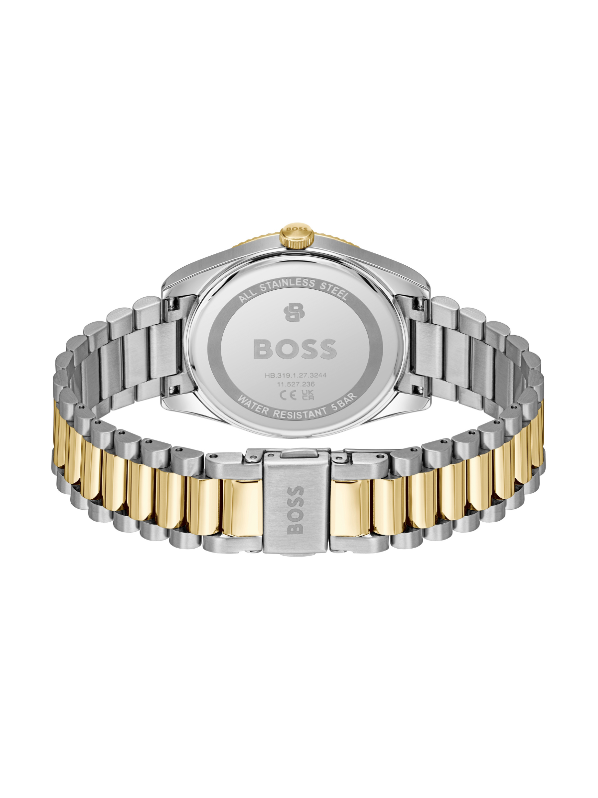 BOSS Cheswick watch with a steel and gold tone bracelet and blue dial on a white background.