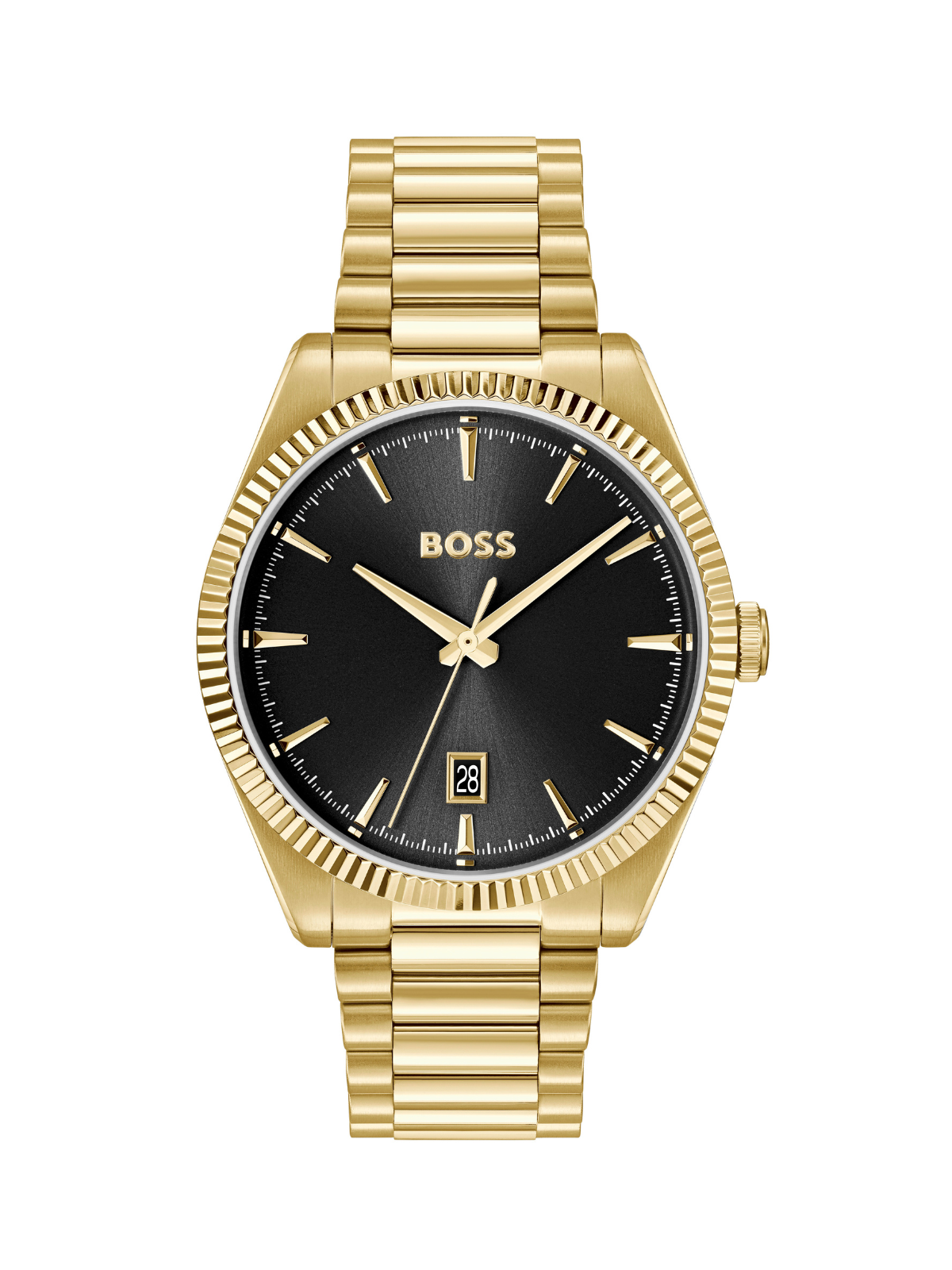 BOSS Cheswick watch with gold-tone bracelet and black dial on a white background.