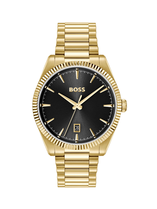 BOSS Cheswick watch with gold-tone bracelet and black dial on a white background.