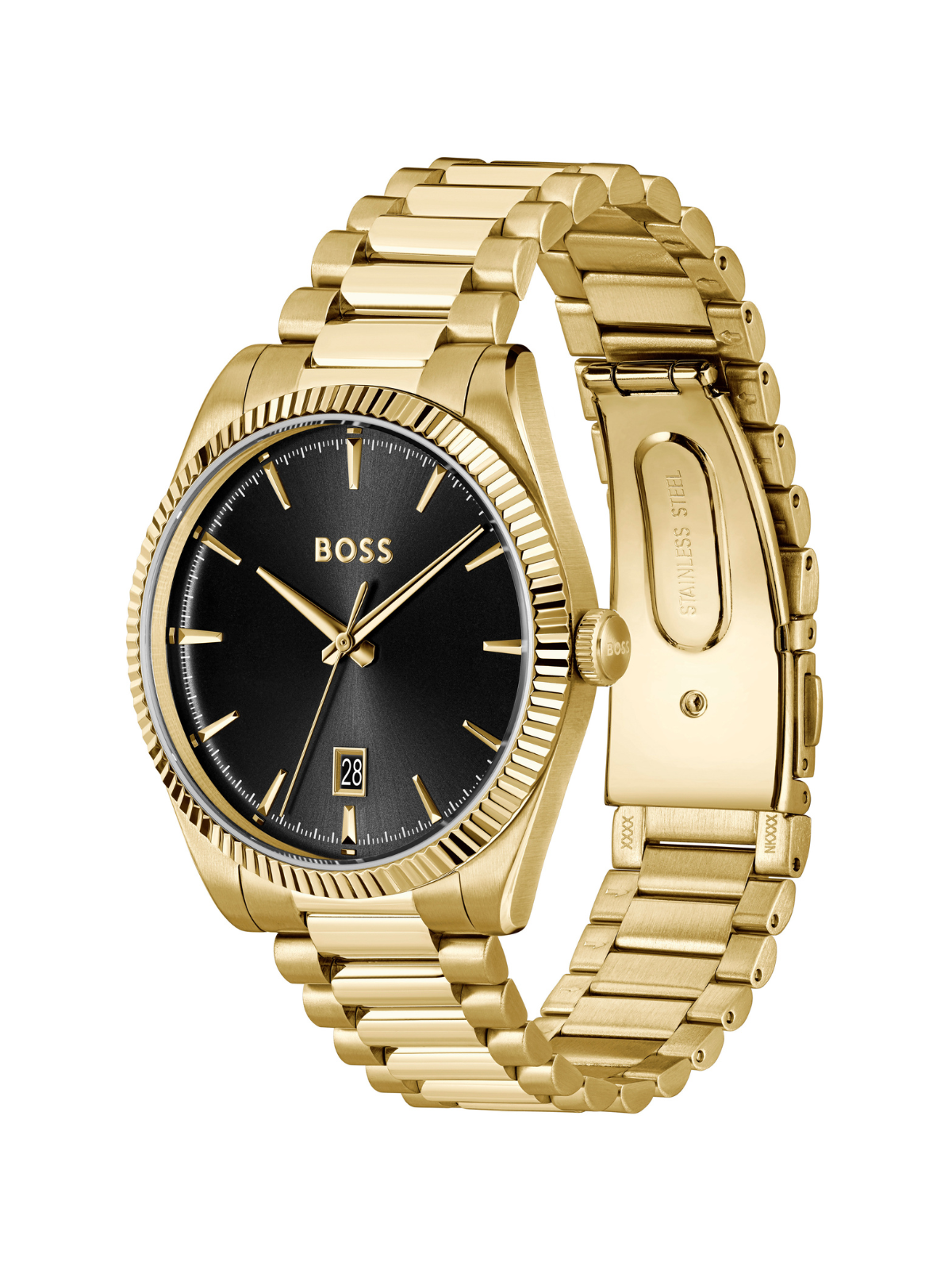 BOSS Cheswick watch with gold-tone bracelet and black dial on a white background.