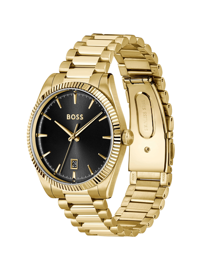 BOSS Cheswick watch with gold-tone bracelet and black dial on a white background.
