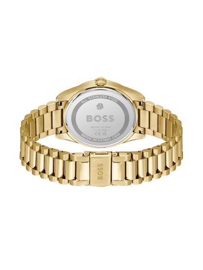 BOSS Cheswick watch with gold-tone bracelet and black dial on a white background.
