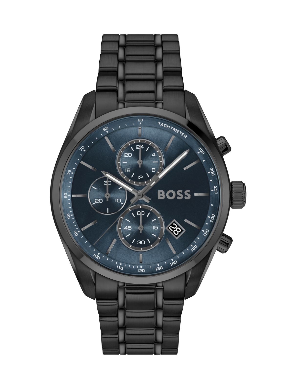 BOSS Grand Prix Chronograph watch with a black bracelet and blue dial on a white background.