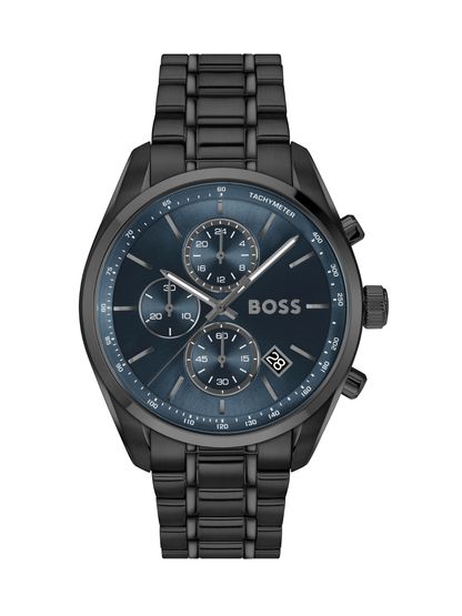 BOSS Grand Prix Chronograph watch with a black bracelet and blue dial on a white background.