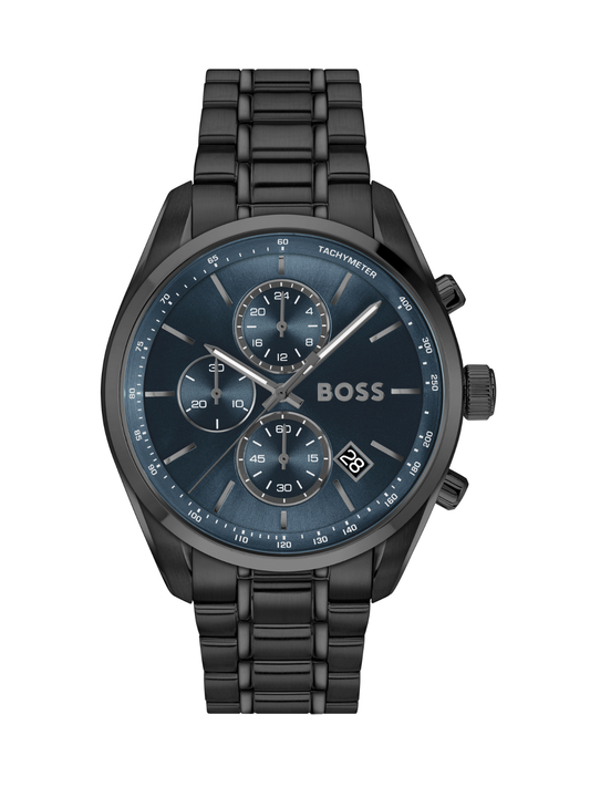 BOSS Grand Prix Chronograph watch with a black bracelet and blue dial on a white background.