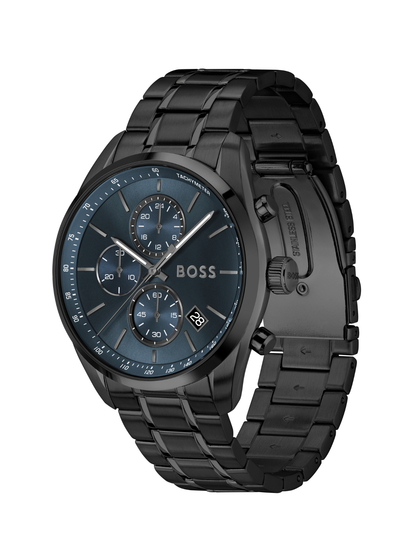 BOSS Grand Prix Chronograph watch with a black bracelet and blue dial on a white background.
