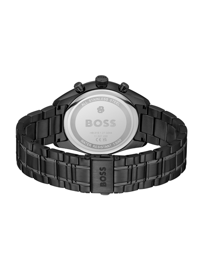 BOSS Grand Prix Chronograph watch with a black bracelet and blue dial on a white background.