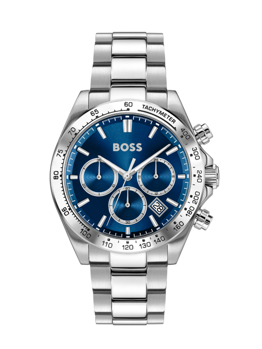 BOSS Hero 2.0 Chronograph watch with a steel bracelet and blue dial on a white background.