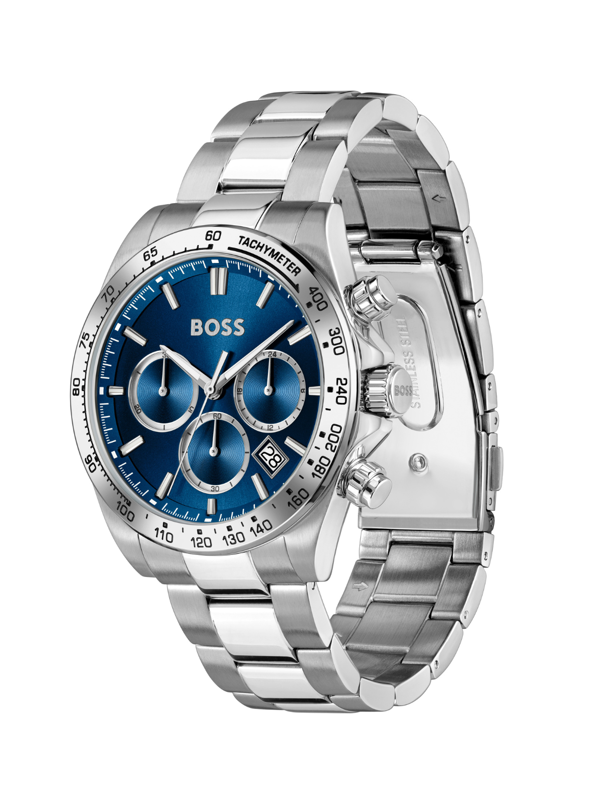BOSS Hero 2.0 Chronograph watch with a steel bracelet and blue dial on a white background.