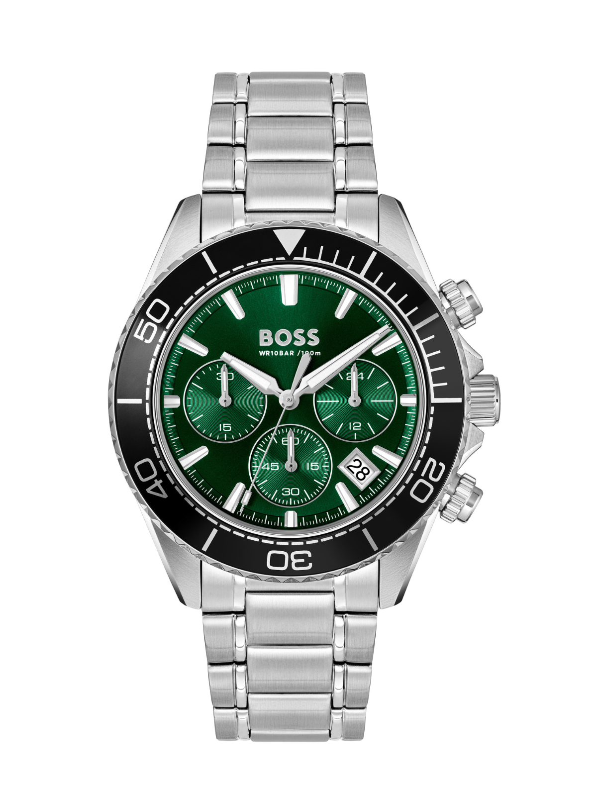 BOSS Sealiner Chronograph watch with a steel bracelet and green dial on a white background.