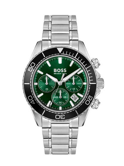 BOSS Sealiner Chronograph watch with a steel bracelet and green dial on a white background.