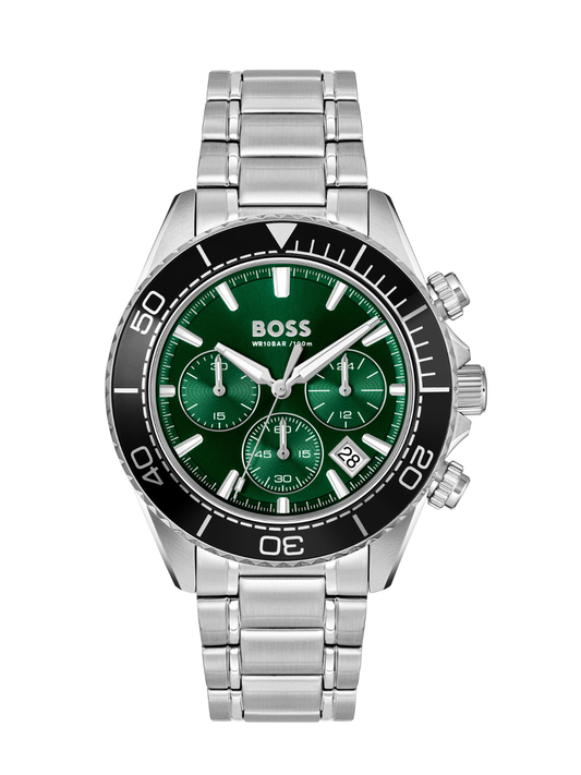 BOSS Sealiner Chronograph watch with a steel bracelet and green dial on a white background.