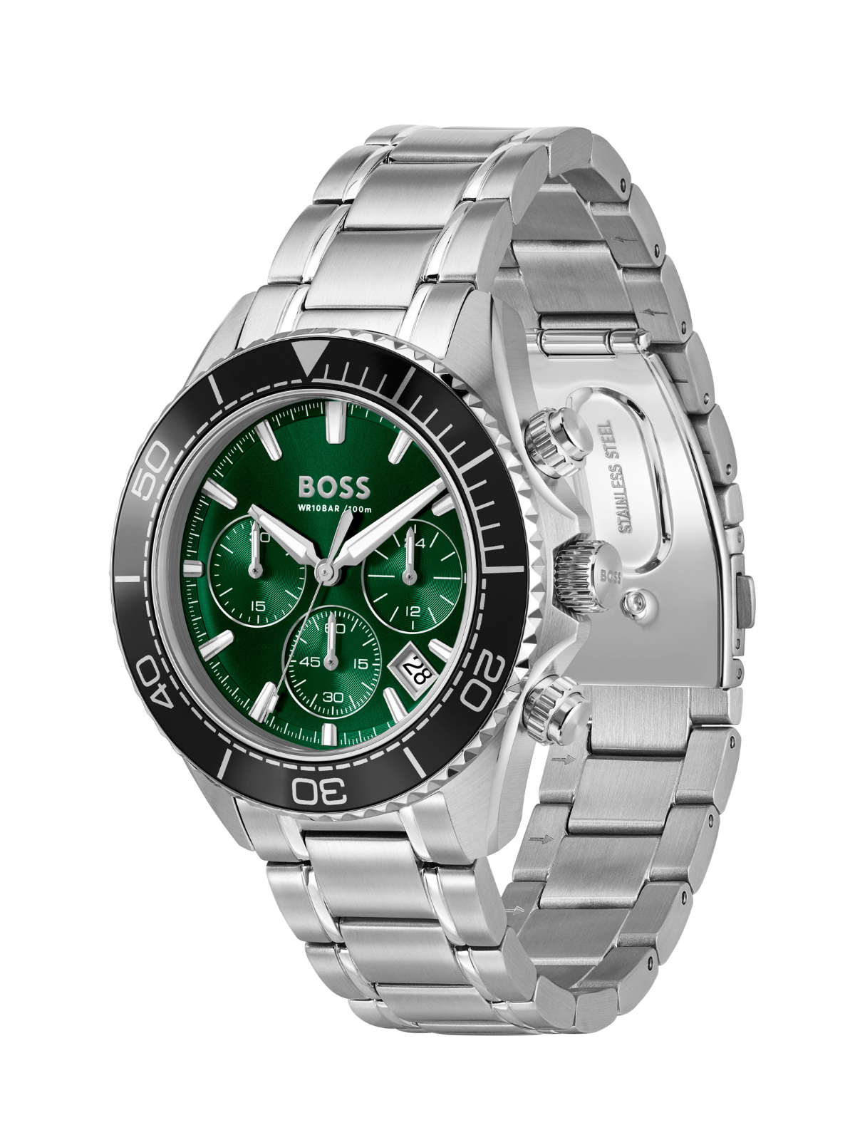 BOSS Sealiner Chronograph watch with a steel bracelet and green dial on a white background.