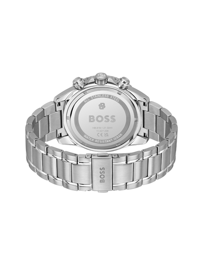BOSS Sealiner Chronograph watch with a steel bracelet and green dial on a white background.