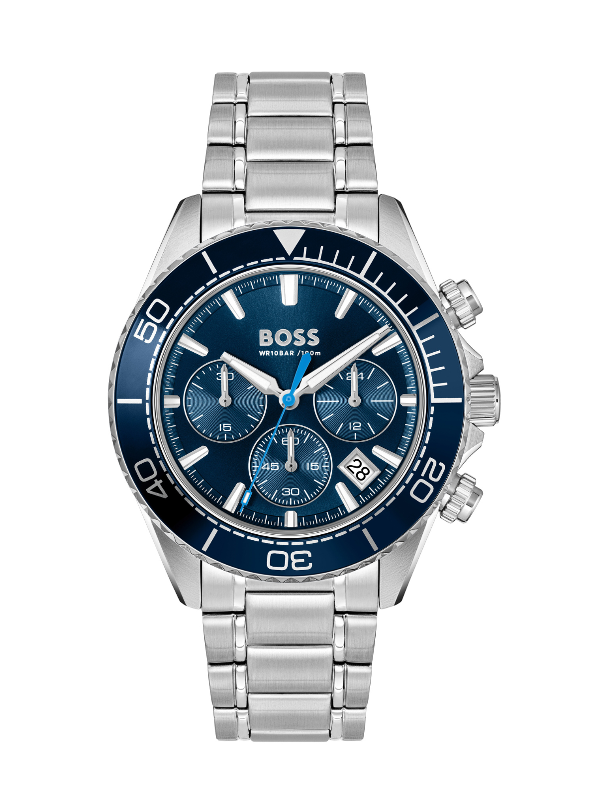 BOSS Sealiner Chronograph watch with a steel bracelet and blue dial on a white background.