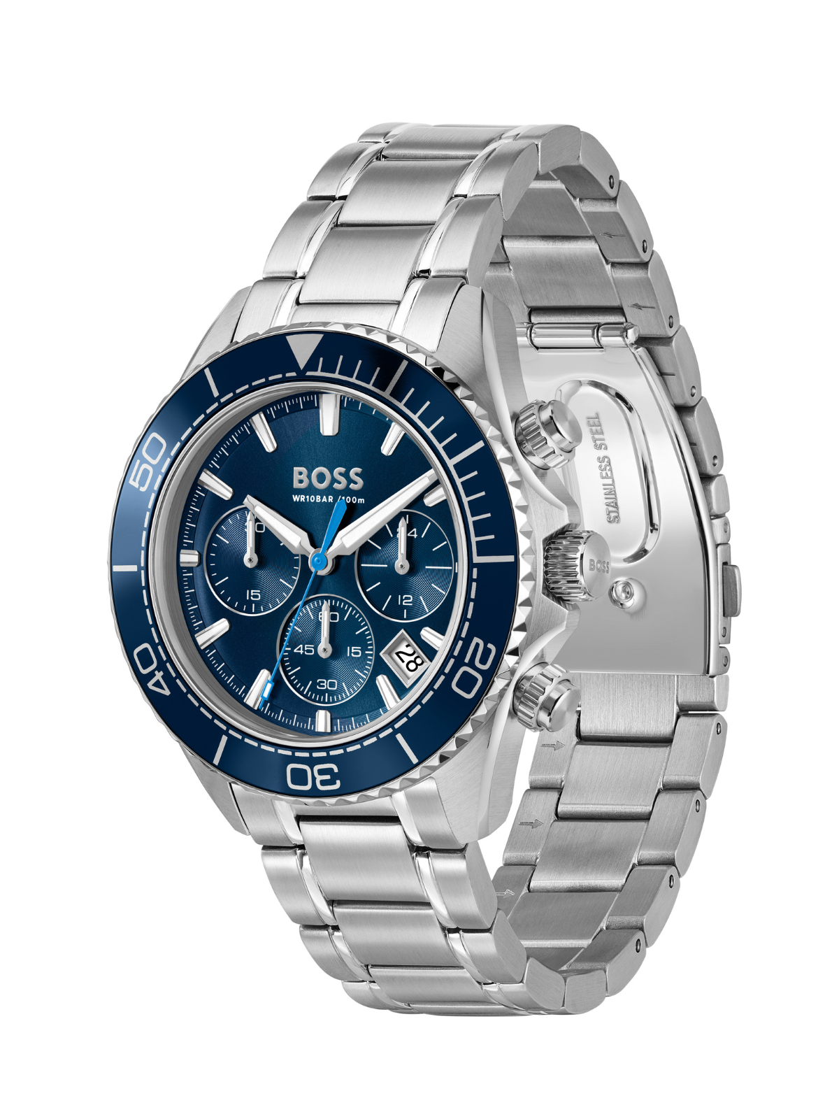 BOSS Sealiner Chronograph watch with a steel bracelet and blue dial on a white background.