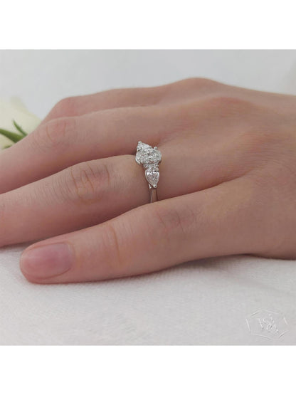 Florentine Oval Diamond Three Stone Ring with 0.50ct Oval Centre & 0.27ct Pear Cut Diamonds in Platinum