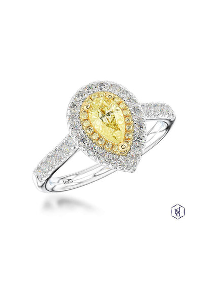 Skye Duo Pear 0.60ct Pear Cut Yellow Diamond Halo Ring in Platinum with Diamond Shoulders