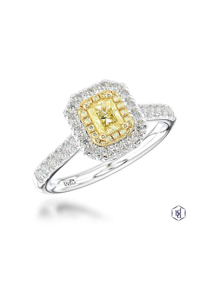 Skye Duo Radiant 0.70ct Radiant Cut Yellow Diamond Halo Ring in Platinum with Diamond Shoulders