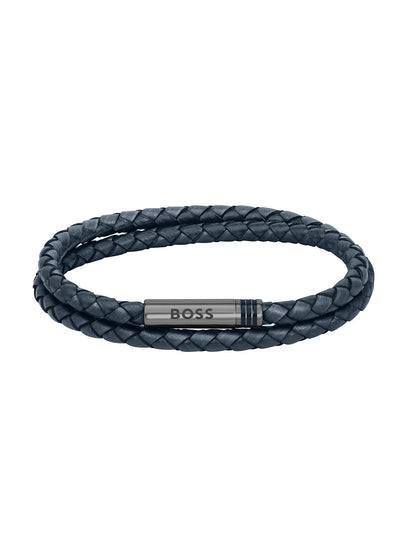 BOSS Ares Navy Blue Leather Double Wrap Bracelet 1580494M