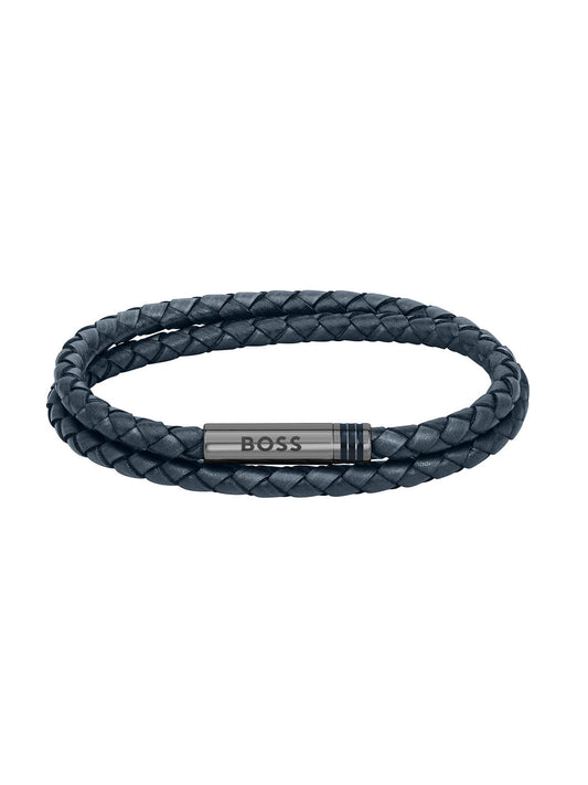 BOSS Ares Navy Blue Leather Double Wrap Bracelet 1580494M