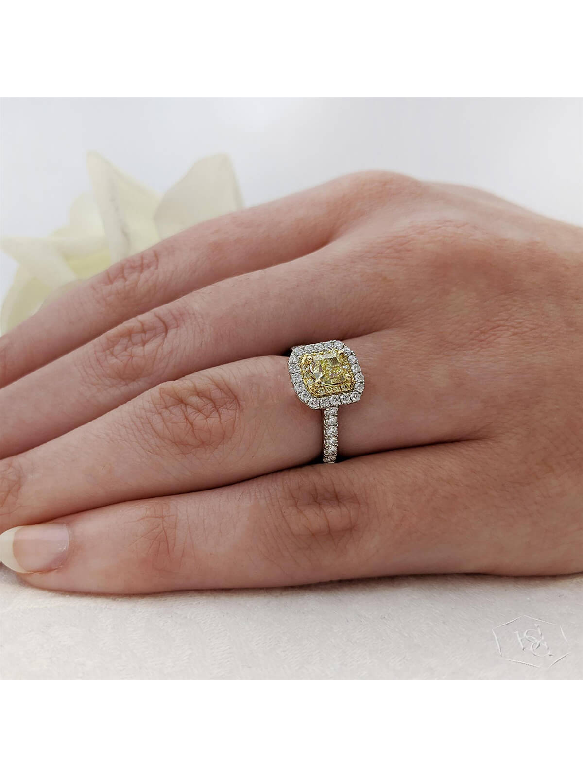 Skye Duo Radiant Yellow Diamond & Diamond Halo Ring in Platinum & 18ct Yellow Gold with Diamond Set Shoulders