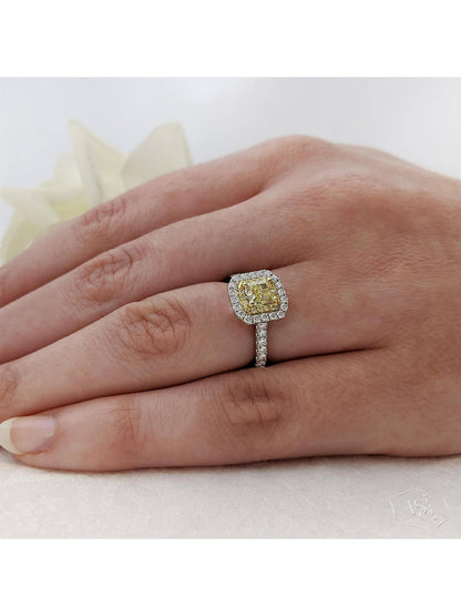 Skye Duo Radiant 0.70ct Radiant Cut Yellow Diamond Halo Ring in Platinum with Diamond Shoulders