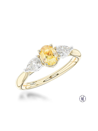 Florentine Oval 0.79ct Oval Cut Yellow Diamond & 0.40ct Pear Cut Diamond Three Stone Ring in 18ct Yellow Gold