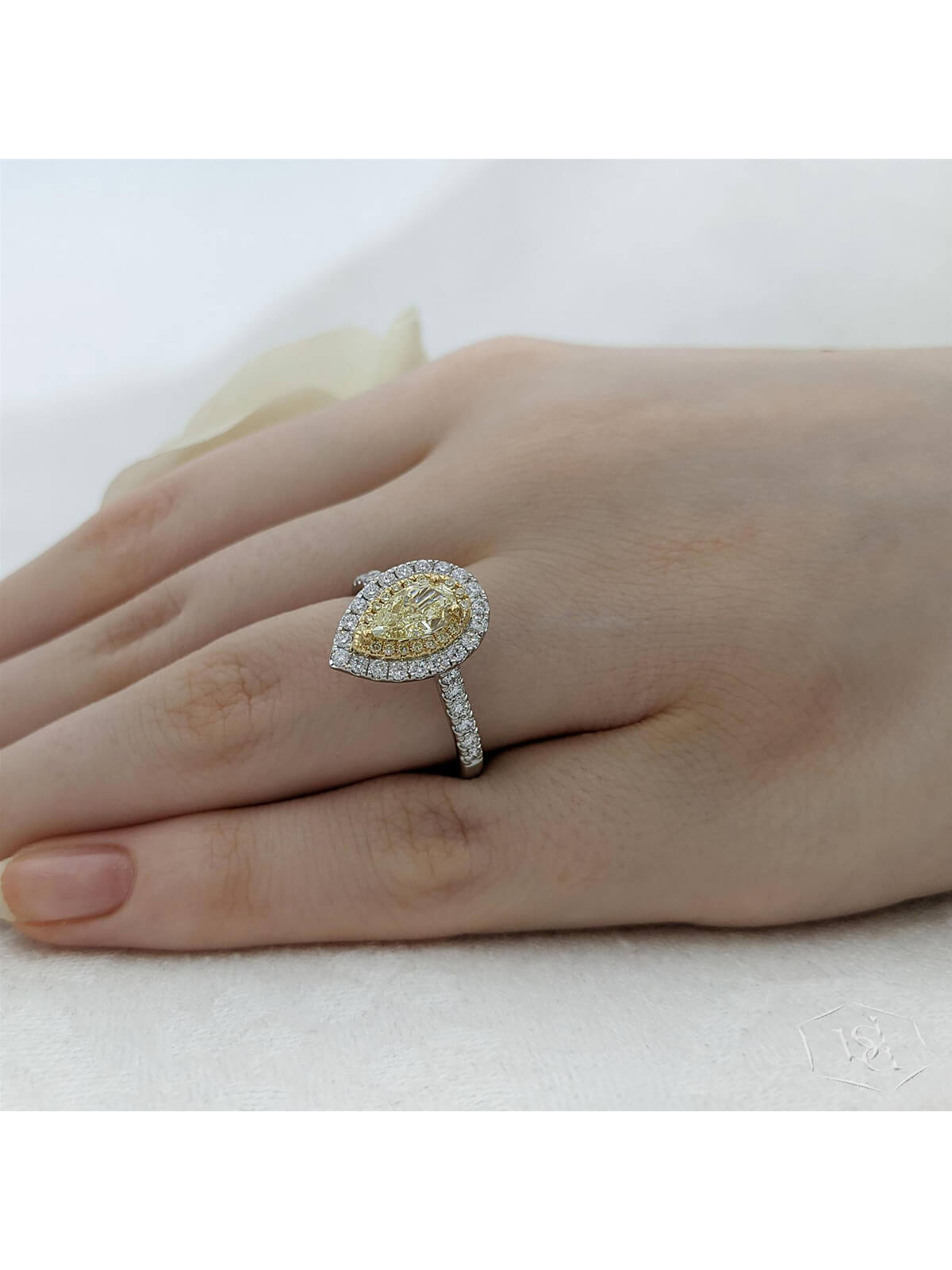 Skye Duo Pear Yellow Diamond & Diamond Halo Ring in Platinum & 18ct Yellow Gold with Diamond Set Shoulders