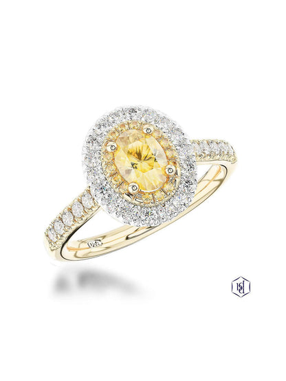 Skye Duo Oval 0.55ct Yellow Diamond Halo Ring in 18ct Yellow Gold with Diamond Shoulders