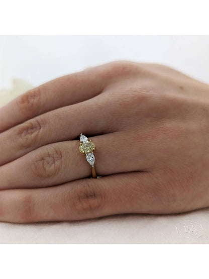 Florentine Oval 0.79ct Oval Cut Yellow Diamond & 0.40ct Pear Cut Diamond Three Stone Ring in 18ct Yellow Gold