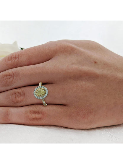 Skye Duo Oval 0.55ct Yellow Diamond Halo Ring in 18ct Yellow Gold with Diamond Shoulders