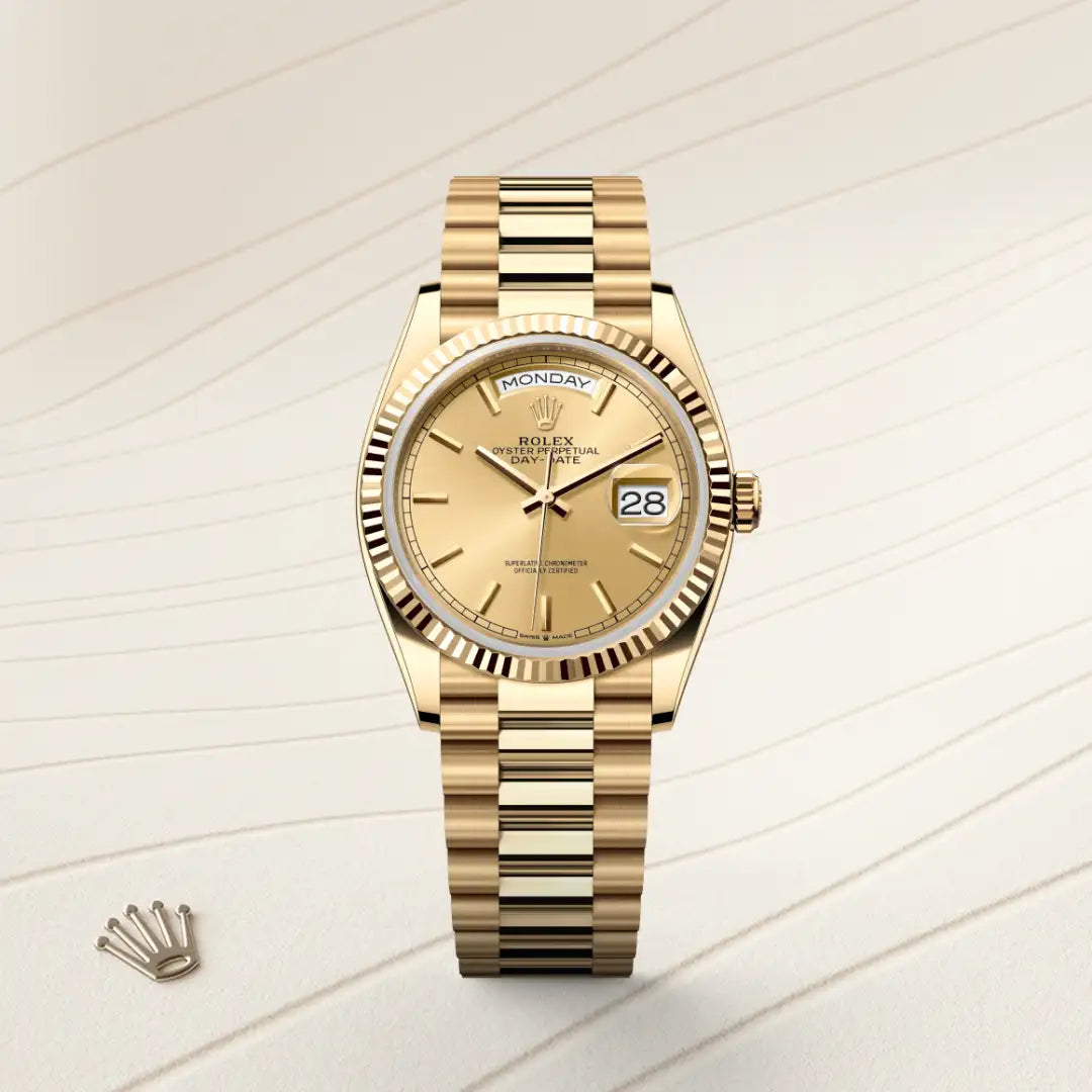 Yellow-gold Rolex Day-Date watch with a President bracelet and gold-colour dial on a light background.