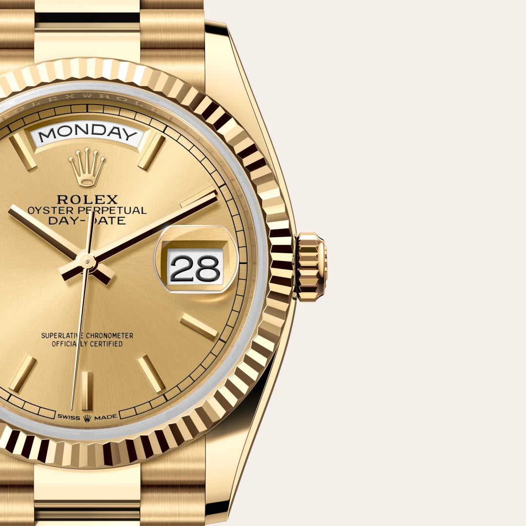 Yellow-gold Rolex Day-Date watch with a President bracelet and gold-colour dial on a light background.