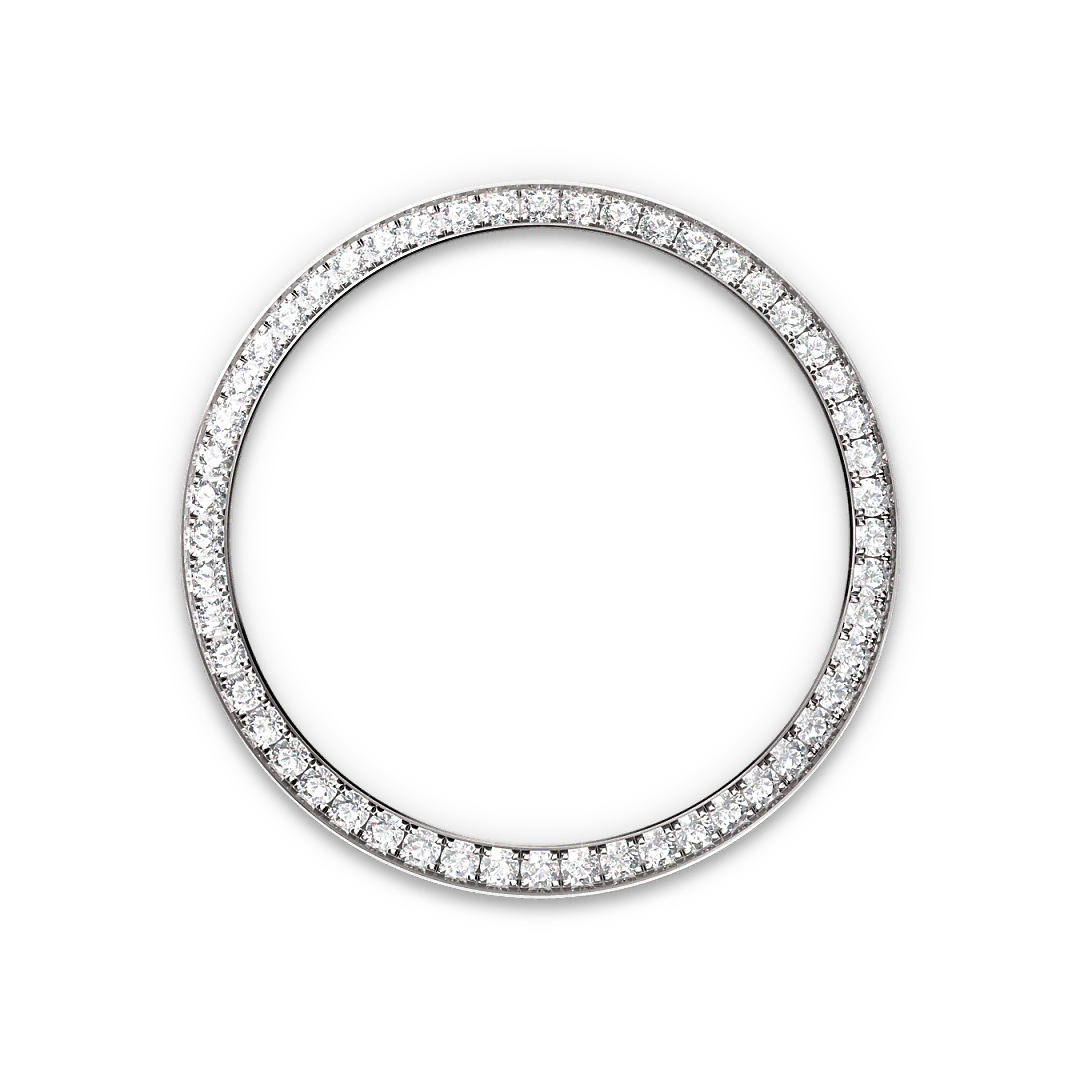 White-gold and diamond-set Rolex bezel on a transparent background.