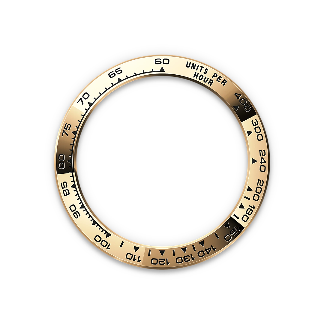 Yellow-gold Rolex Cosmograph Daytona bezel on a transparent background.
