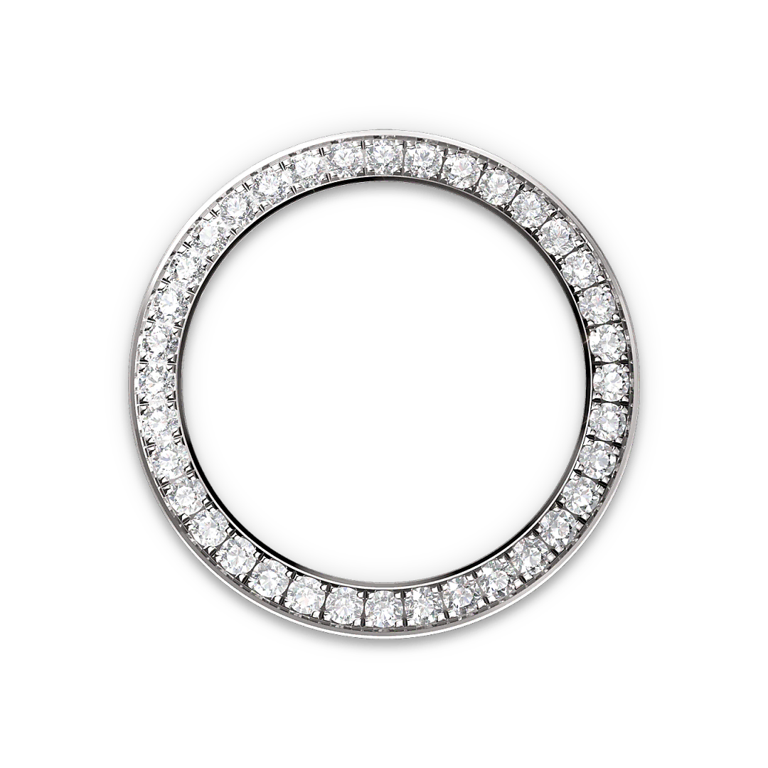 White-gold and diamond-set Rolex bezel on a transparent background.