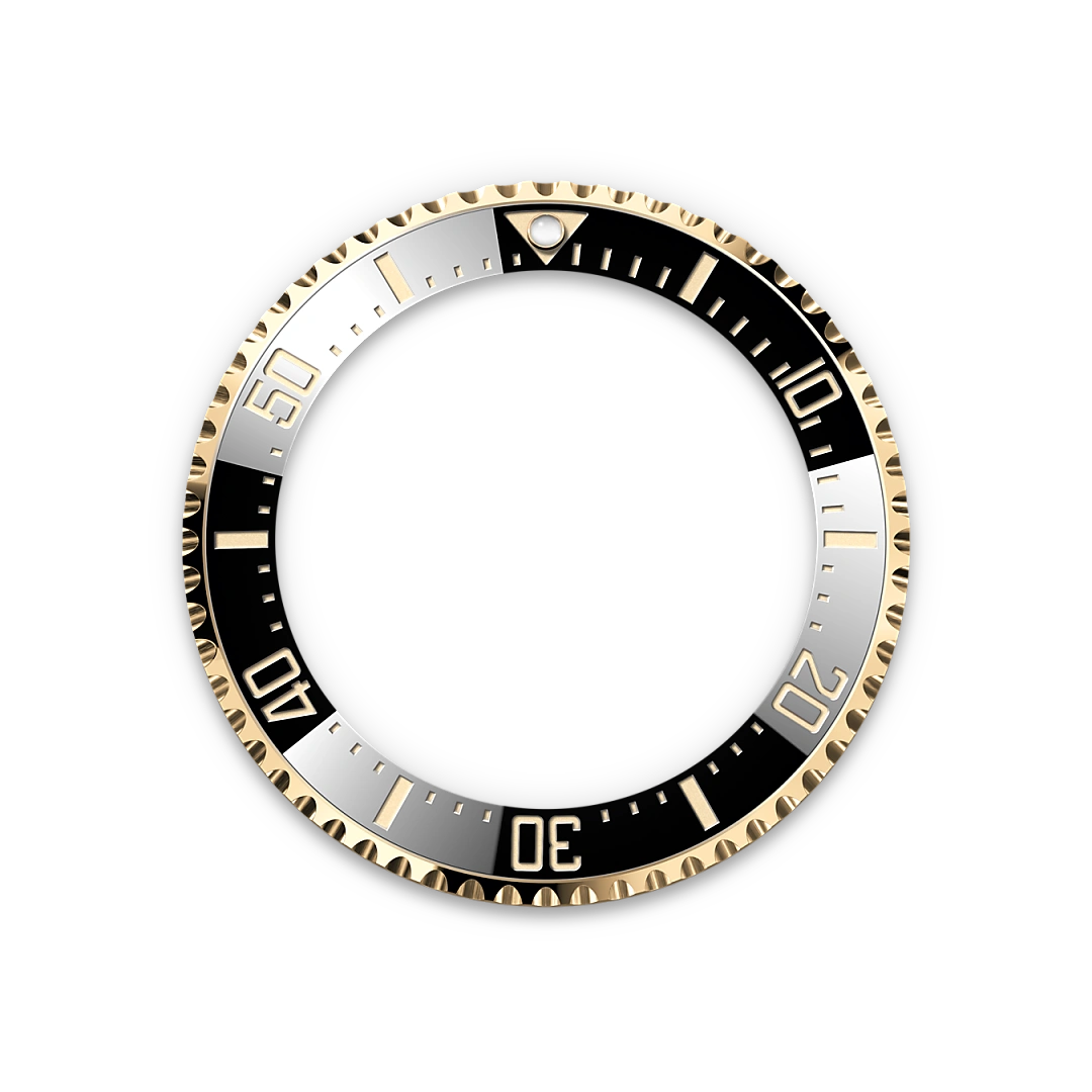 Yellow-gold and black Rolex Sea-Dweller bezel on a transparent background.