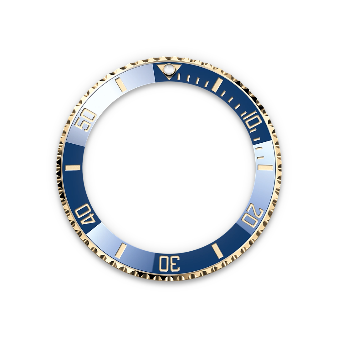 Yellow-gold and blue Rolex Submariner bezel on a transparent background.