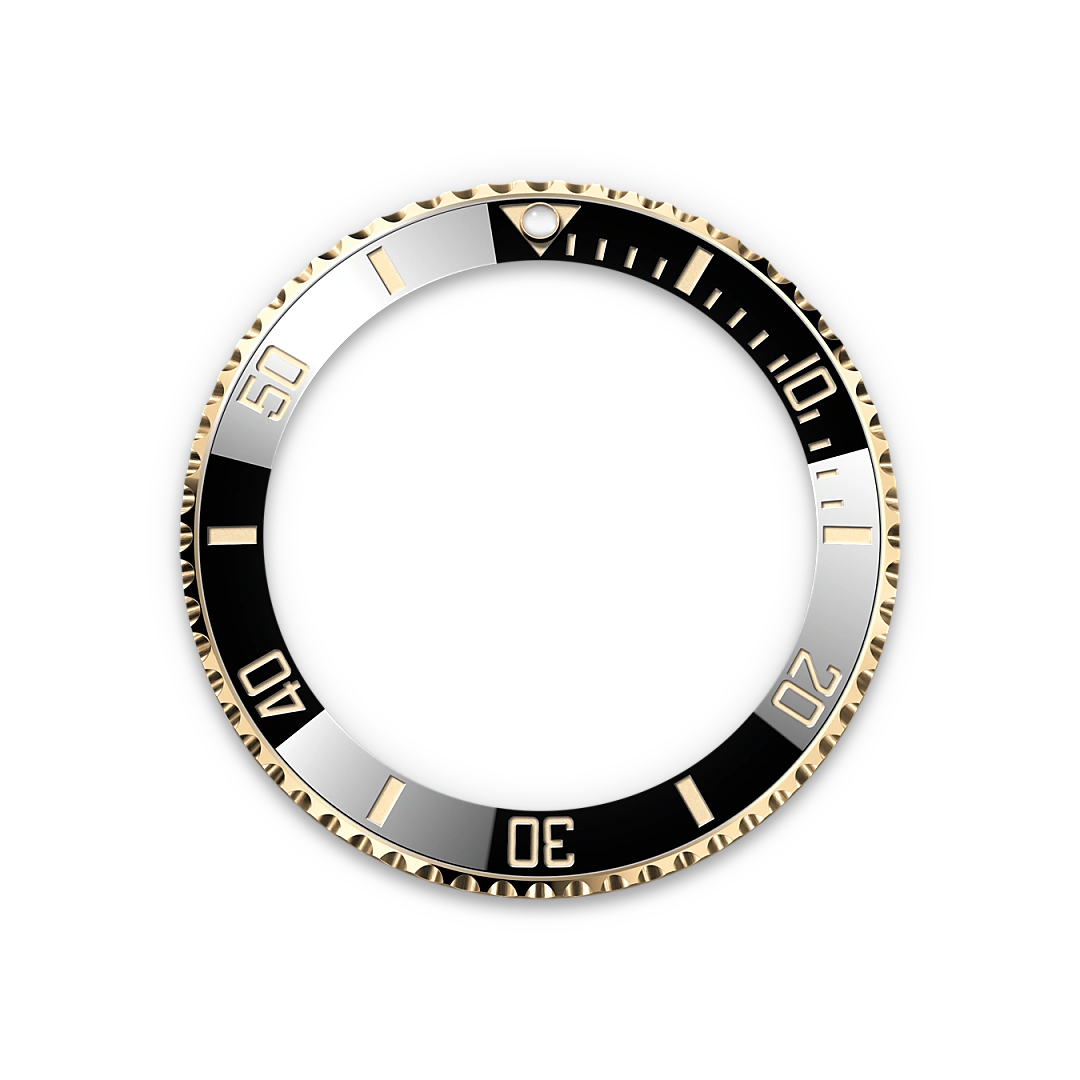 Yellow-gold and black Rolex Submariner Date bezel on a transparent background.