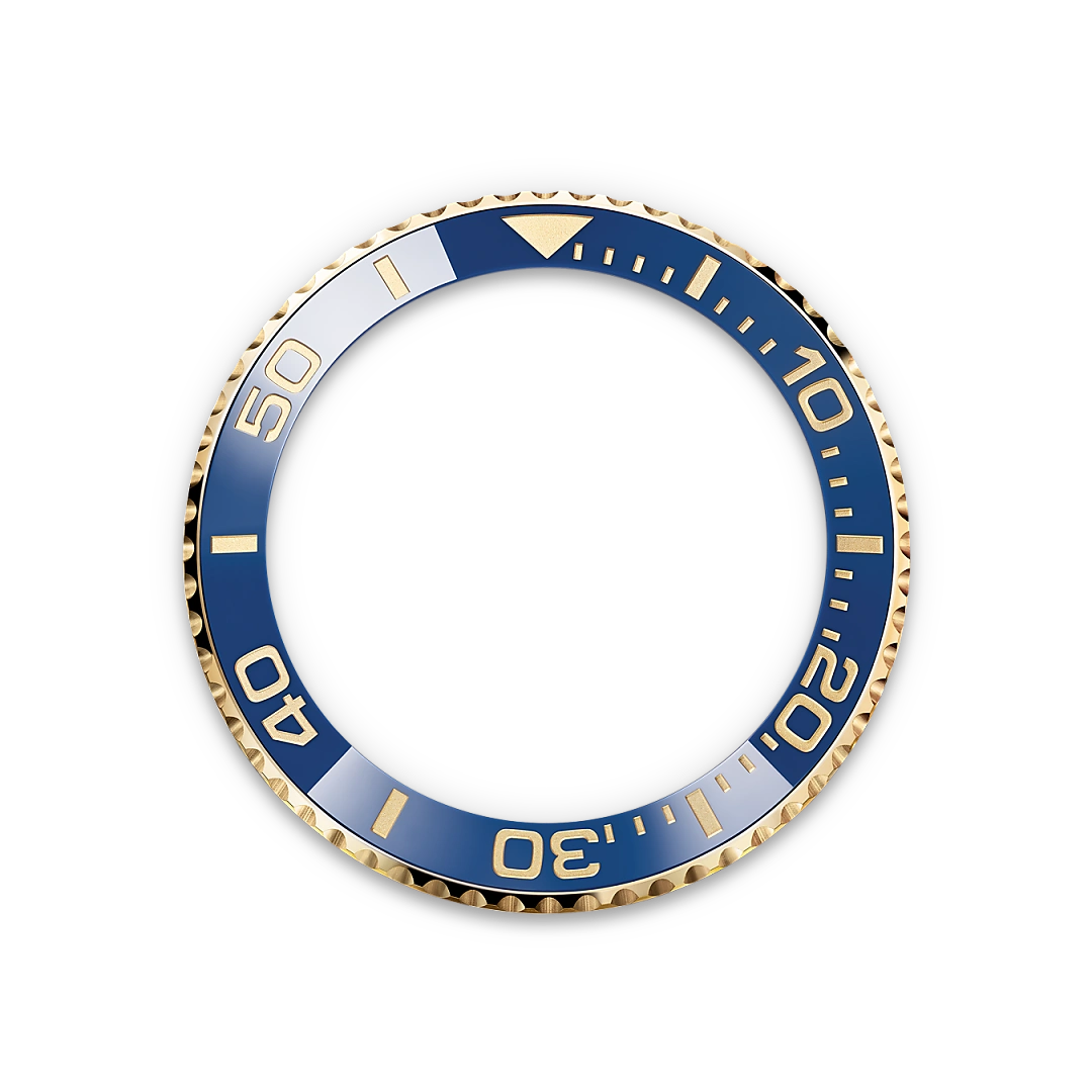 Yellow-gold and blue Rolex Yacht-Master II bezel on a transparent background.