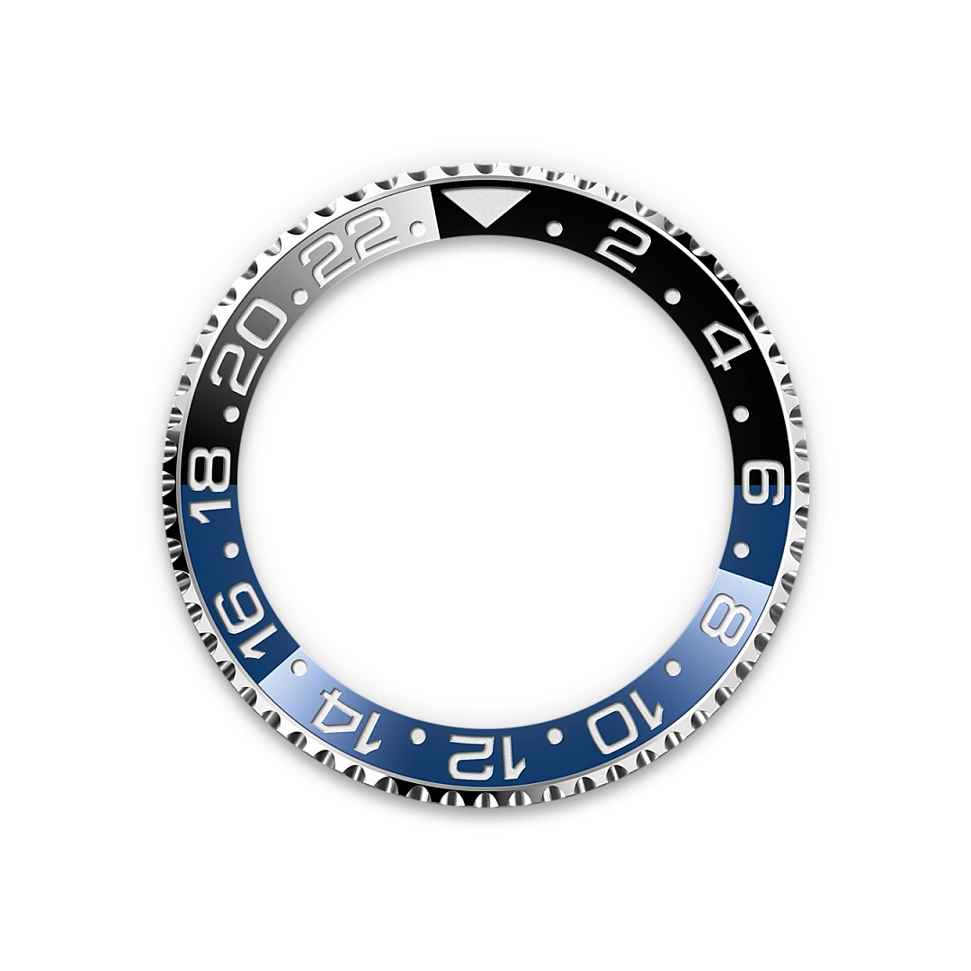 Steel, black and blue Rolex GMT-Master II bezel on a transparent background.