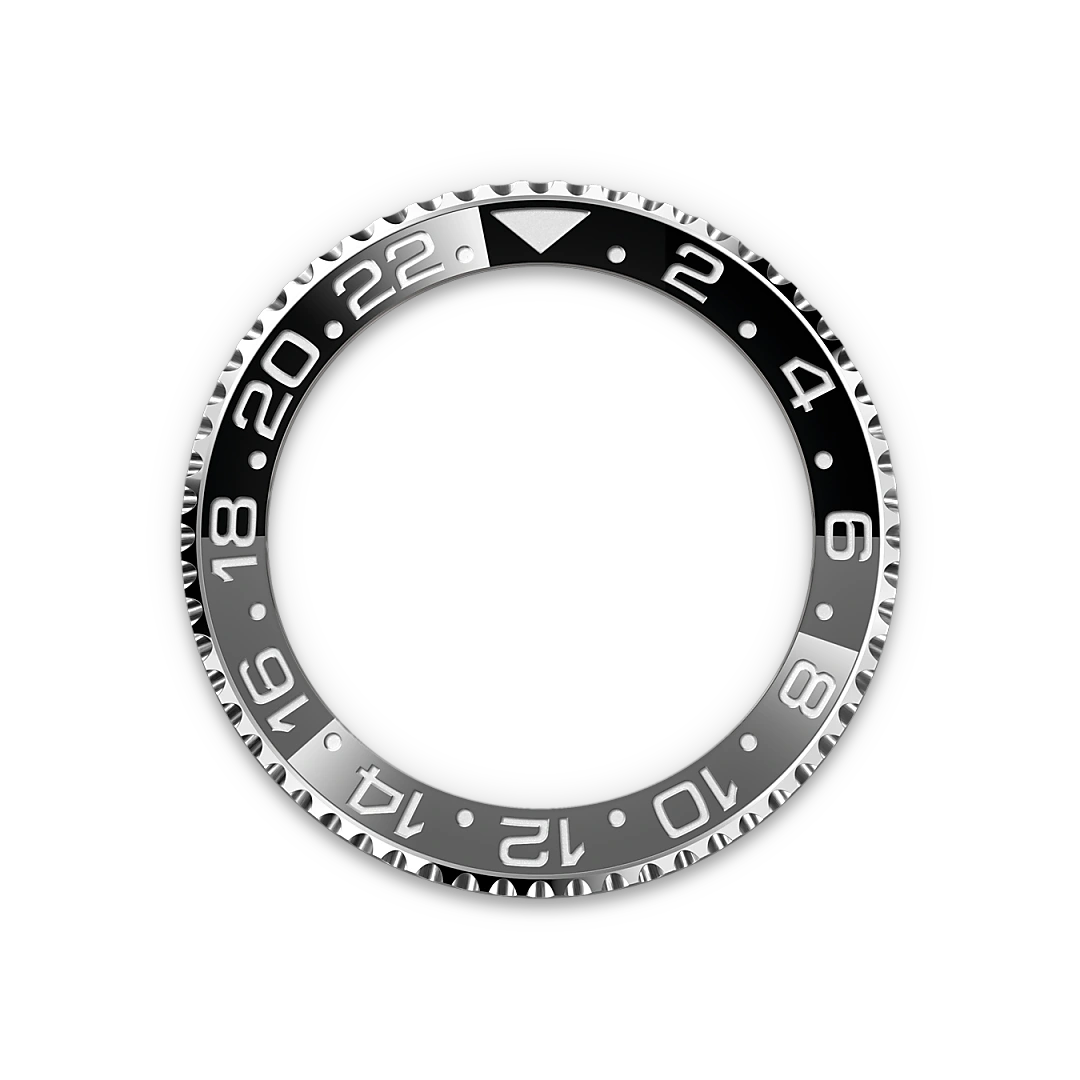 Black and grey Rolex GMT-Master II bezel bezel on a transparent background.